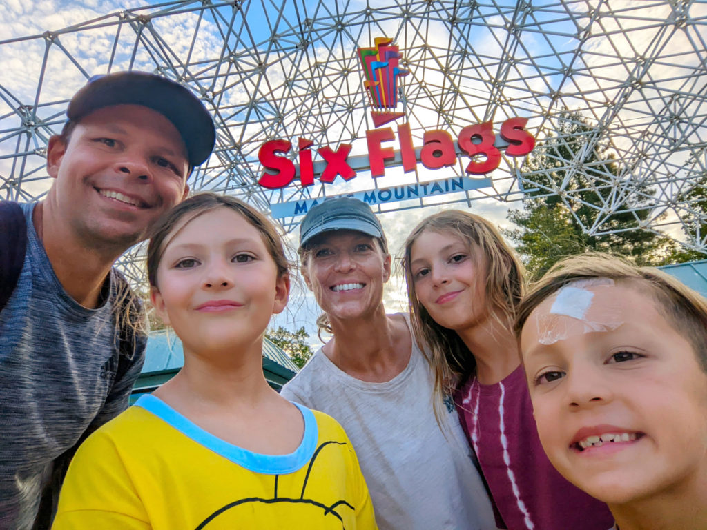 The Pellegrini family at the end of a fun day at Six Flags Magic Mountain