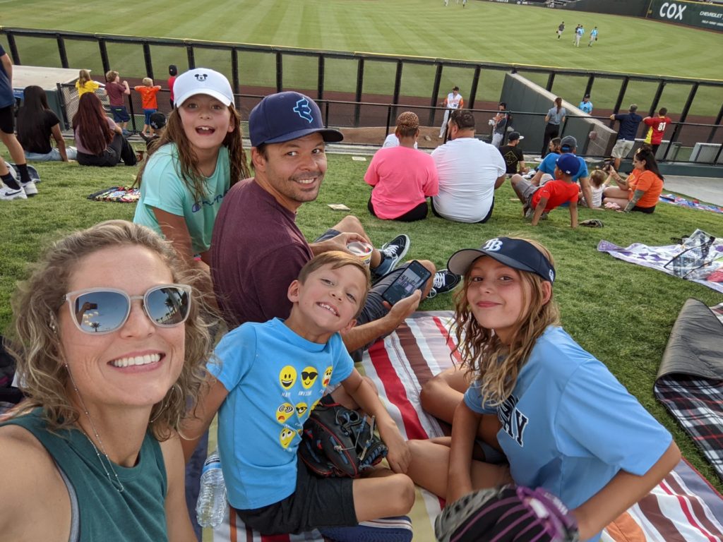 The Pellegrini family at a Las Vegas Aviators baseball game.