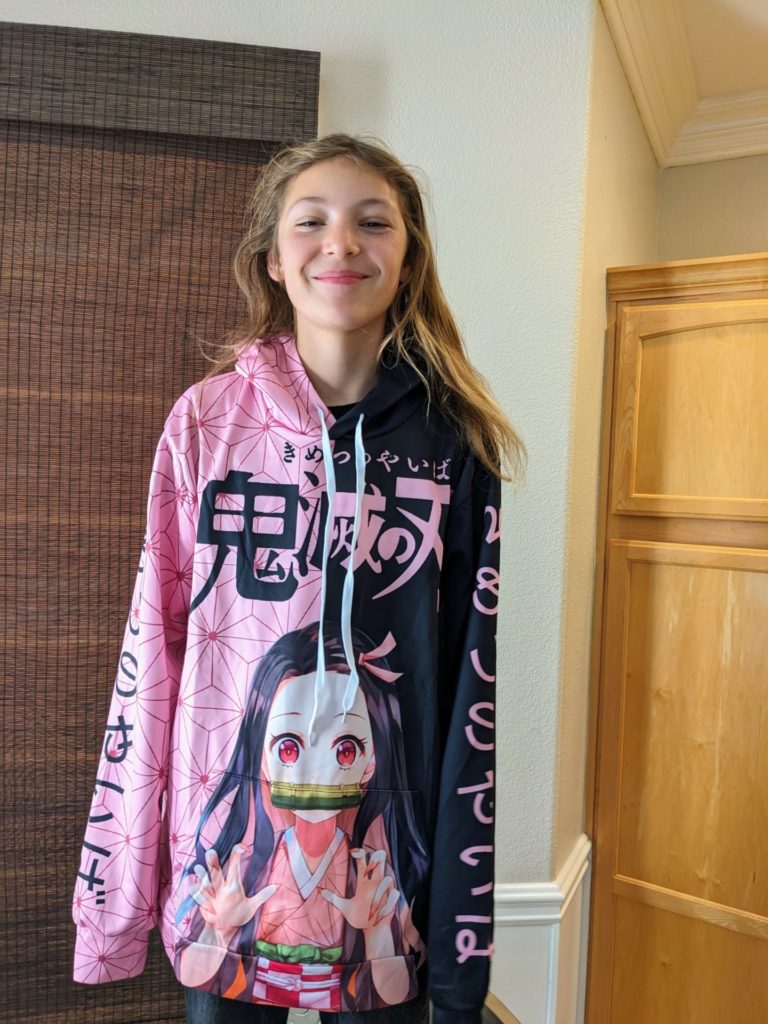 Ava wearing her new Nezuko hoodie
