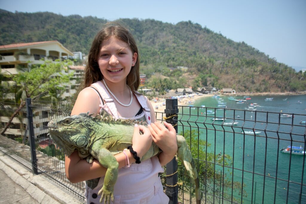 Elise Pellegrini holding Luca the Iguana above Mismaloya beach