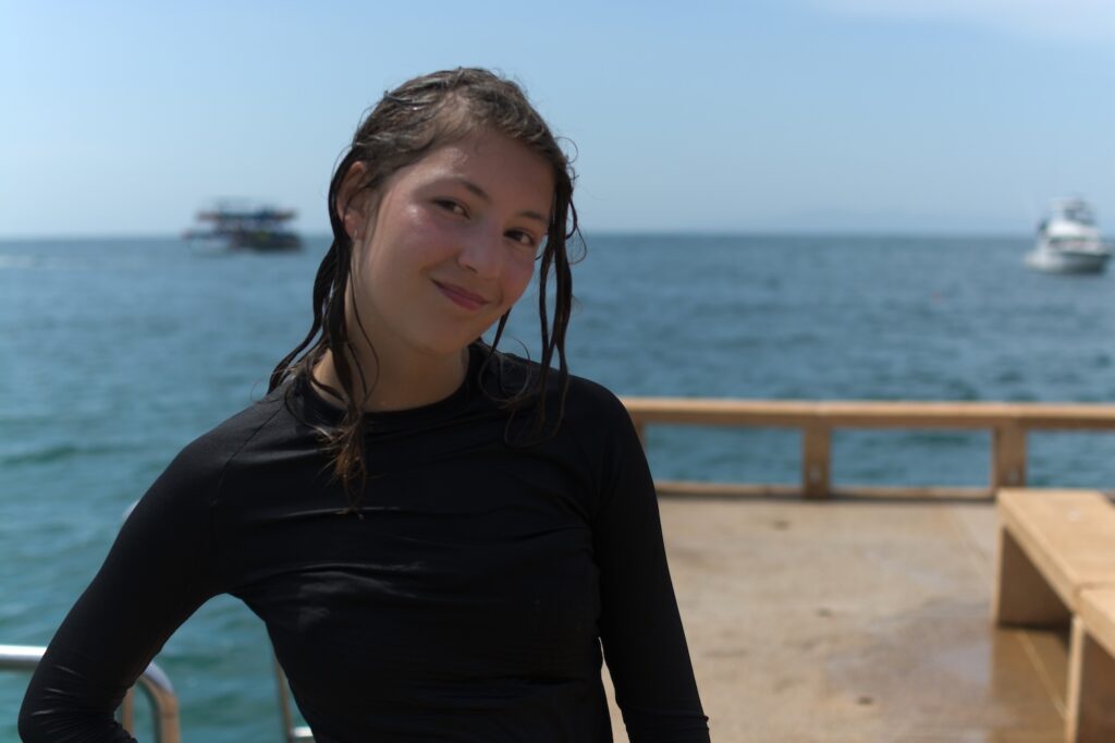 Ava Pellegrini on the dock at Las Animas beach