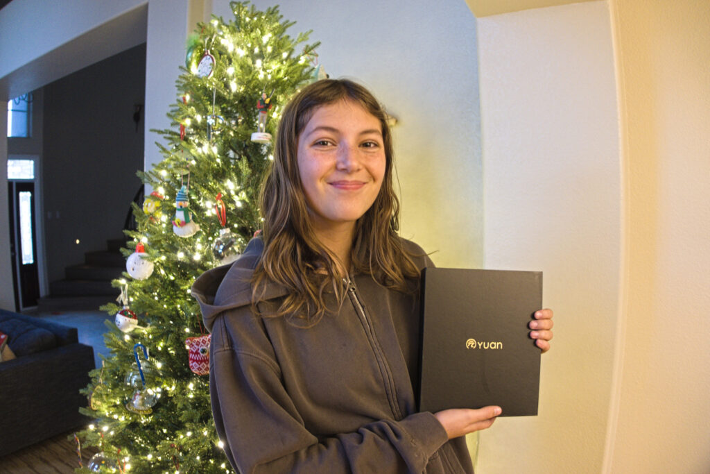 Ava Pellegrini with her drawing tablet on Christmas morning, 2025